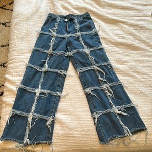 Vintage Y2K style patchwork grid fray high rise wide leg jeans 27 ✌️💙
